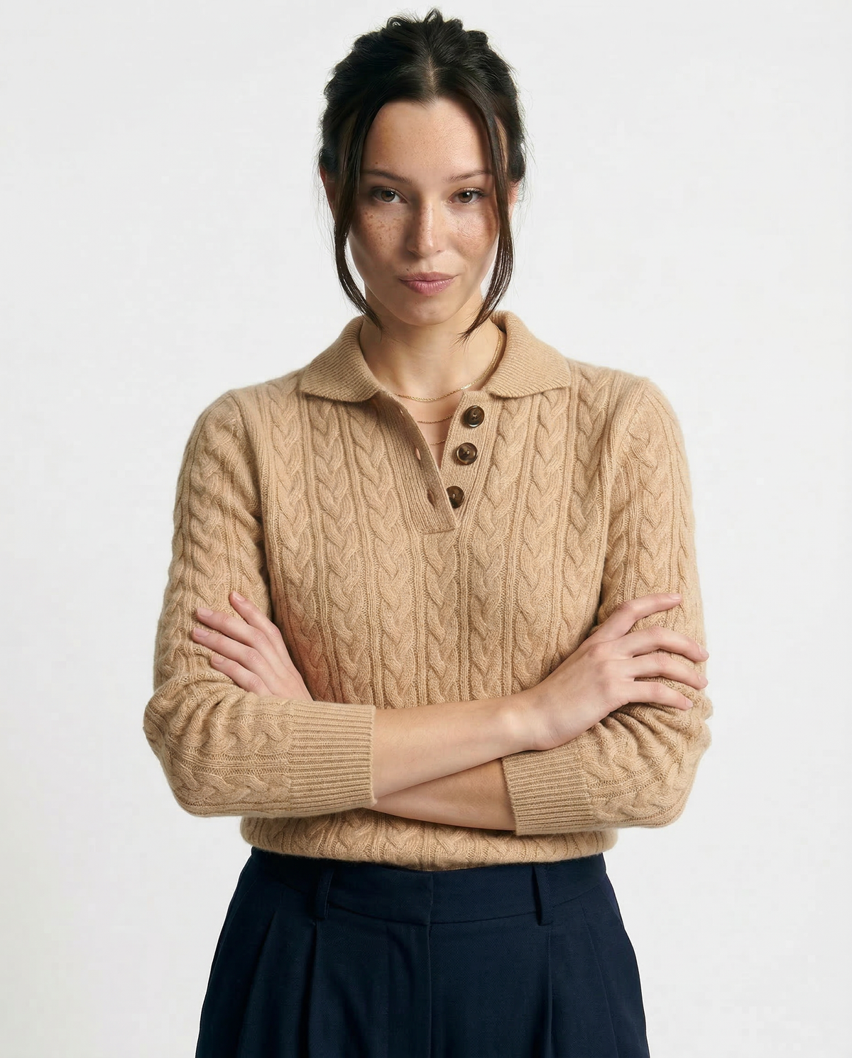 Men's Cashmere Cable Knit Sweater with Button Neck and Long Sleeves