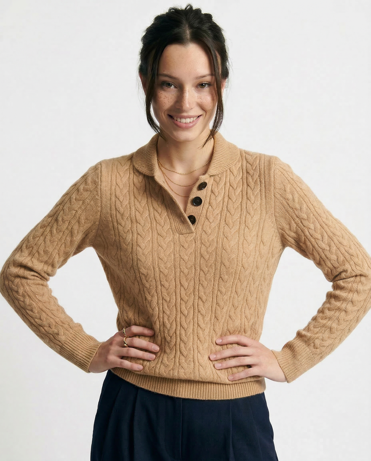 Men's Cashmere Cable Knit Sweater with Button Neck and Long Sleeves