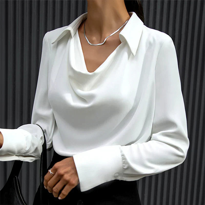 Tessa Collection | Women's Long Sleeve Satin Blouse with Modern Draped Neckline | Elegant Top for Effortless Style 6