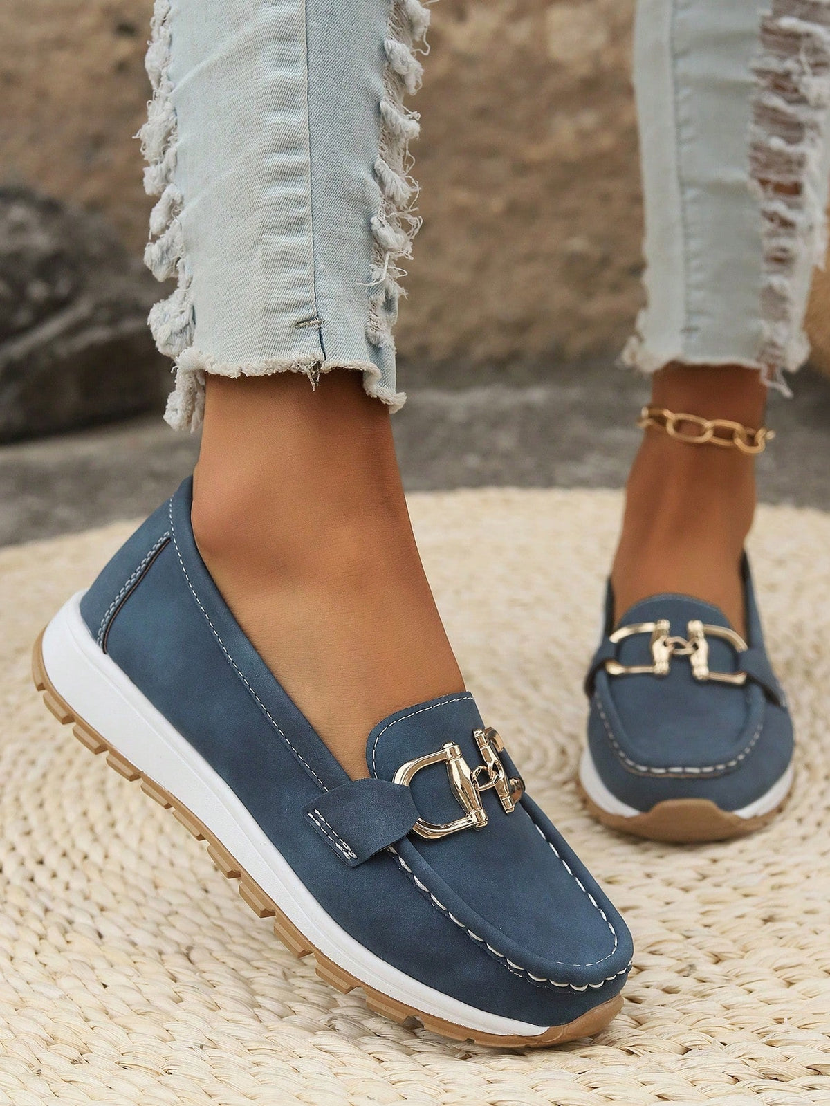 Women's Platform Loafers with Metal Buckle and Lug Sole