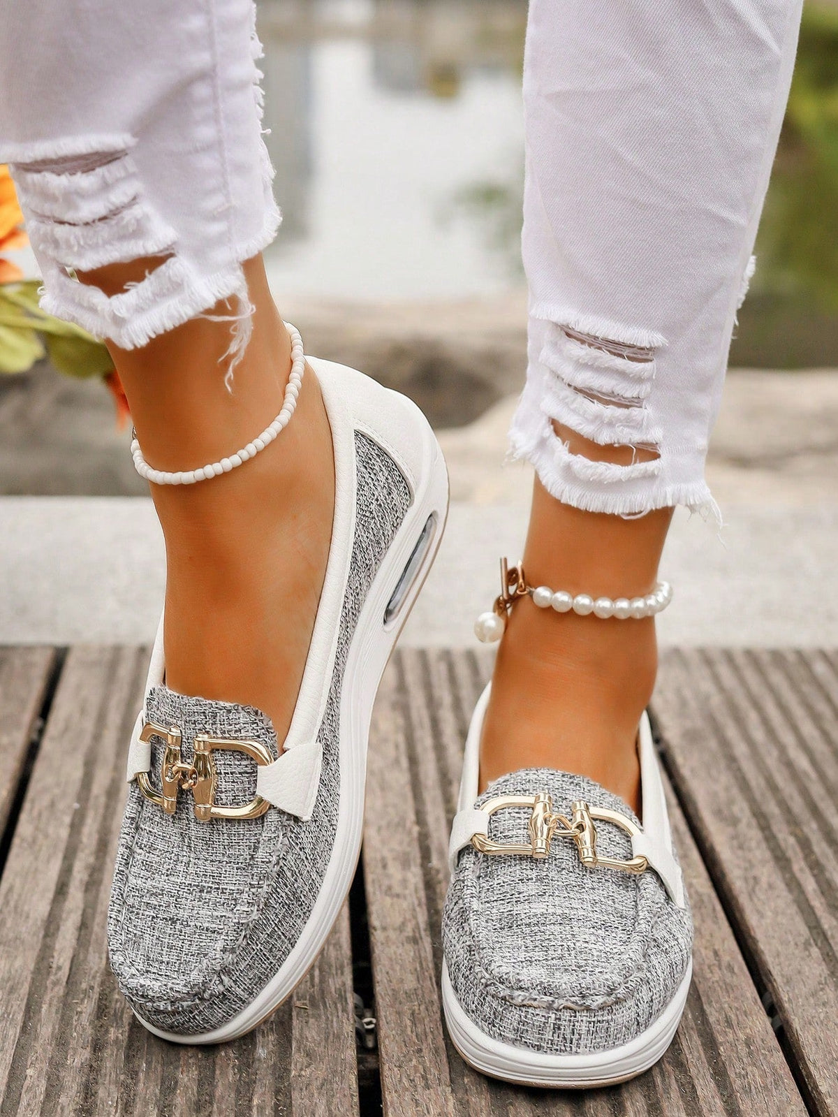 Women's Platform Loafers with Metal Buckle and Lug Sole