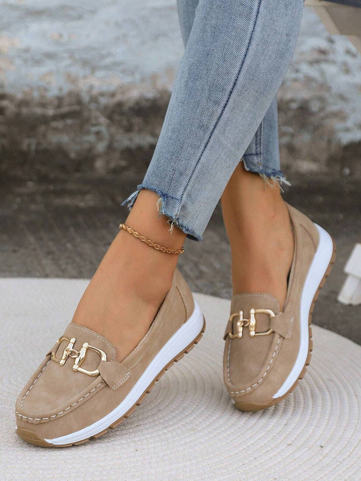 Women's Platform Loafers with Metal Buckle and Lug Sole