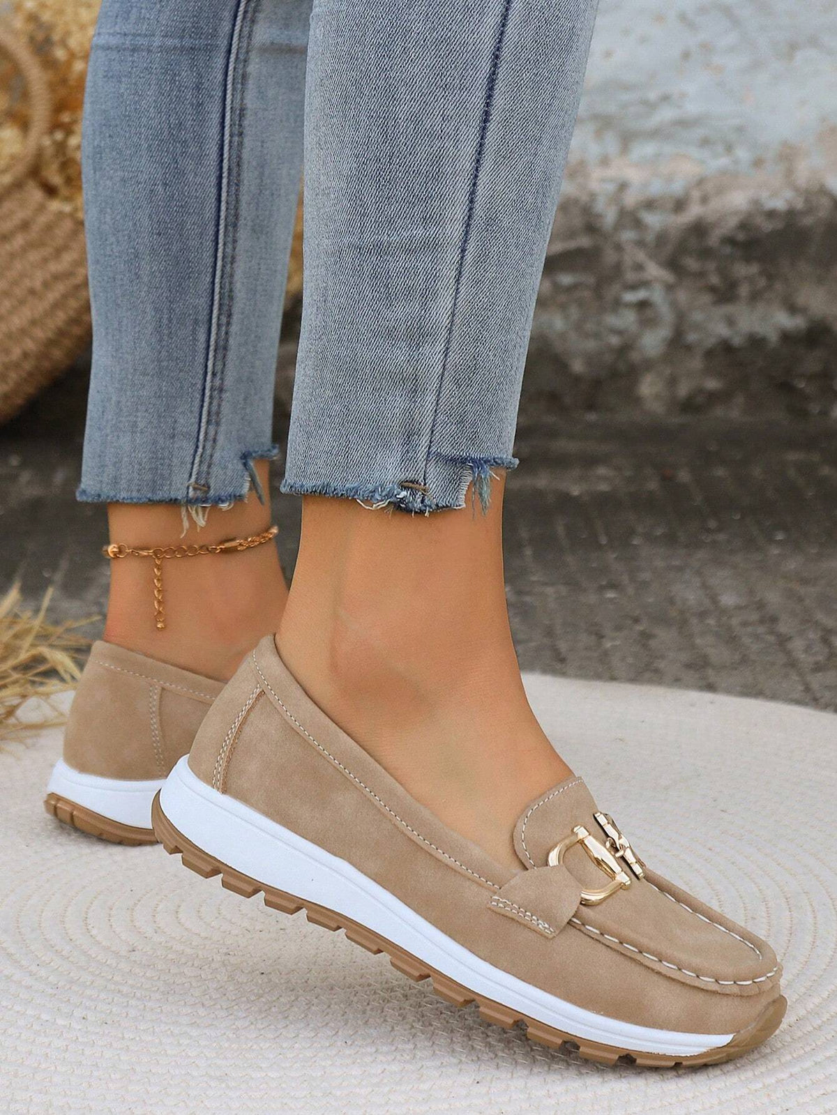 Women's Platform Loafers with Metal Buckle and Lug Sole