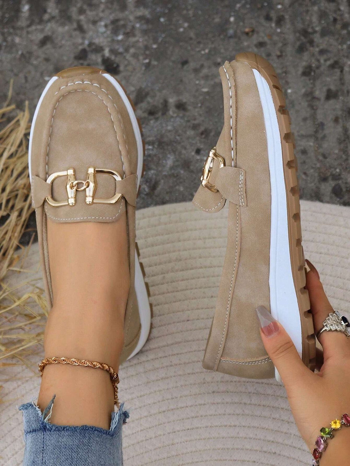 Women's Platform Loafers with Metal Buckle and Lug Sole