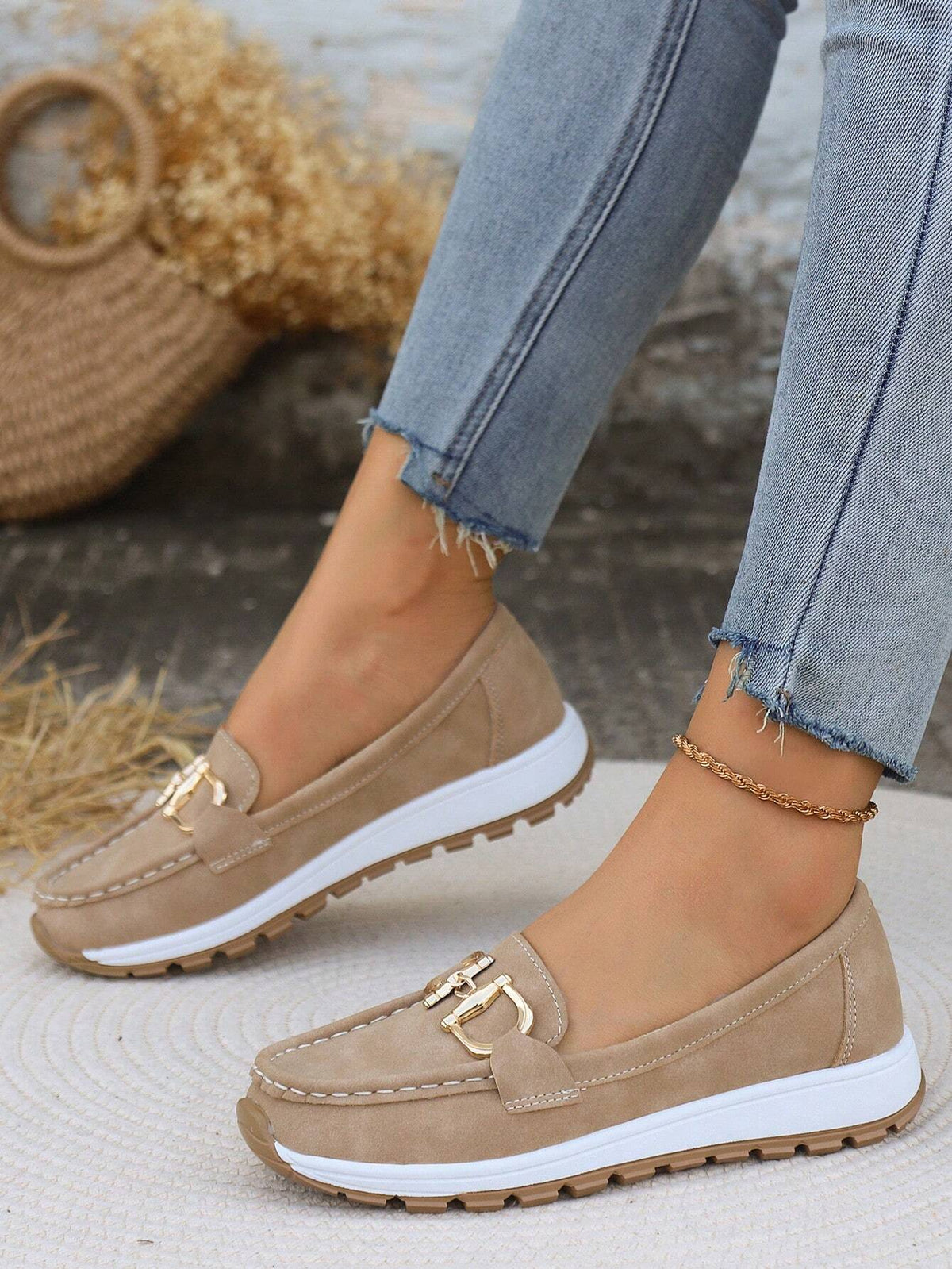 Women's Platform Loafers with Metal Buckle and Lug Sole