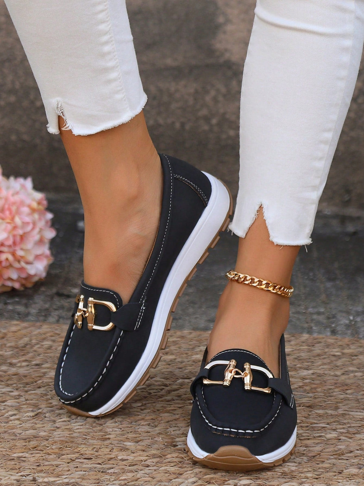Women's Platform Loafers with Metal Buckle and Lug Sole