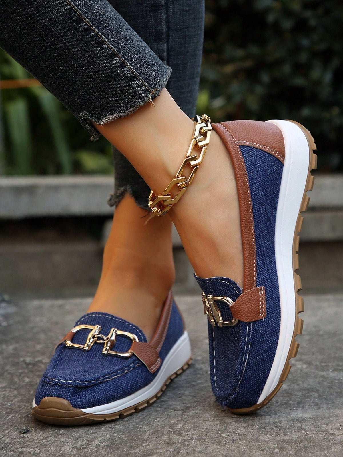 Women's Platform Loafers with Metal Buckle and Lug Sole