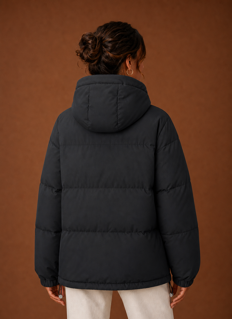 Women's Hooded Puffer Jacket with Snap Button Front and Pockets