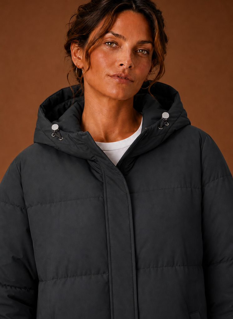 Women's Hooded Puffer Jacket with Snap Button Front and Pockets