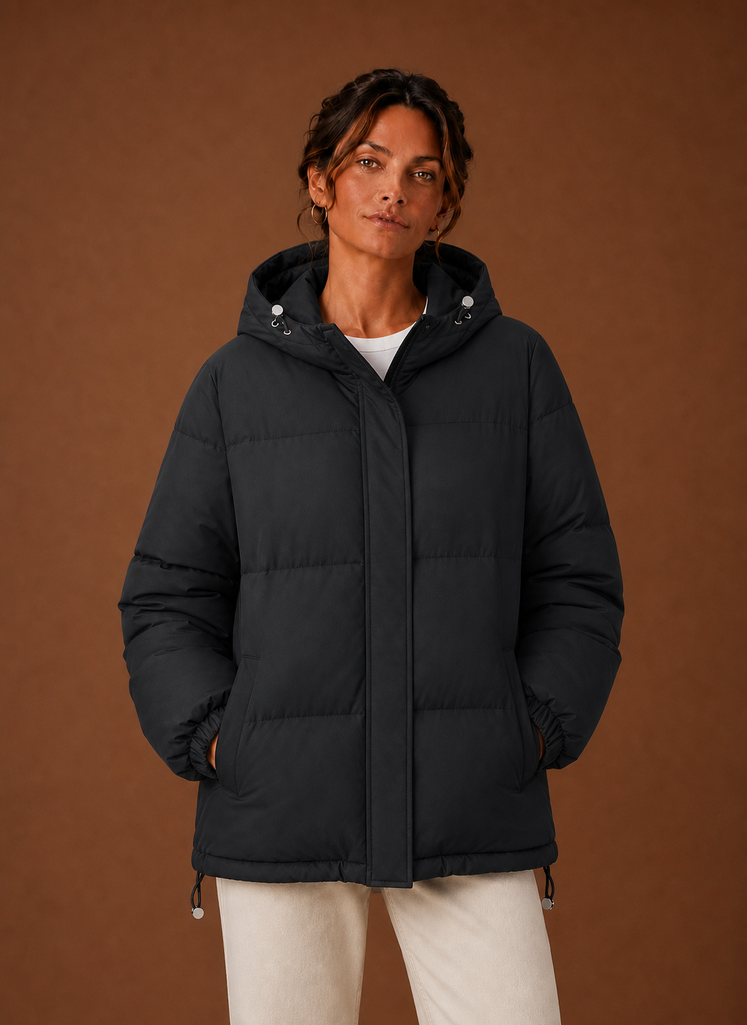 Women's Hooded Puffer Jacket with Snap Button Front and Pockets