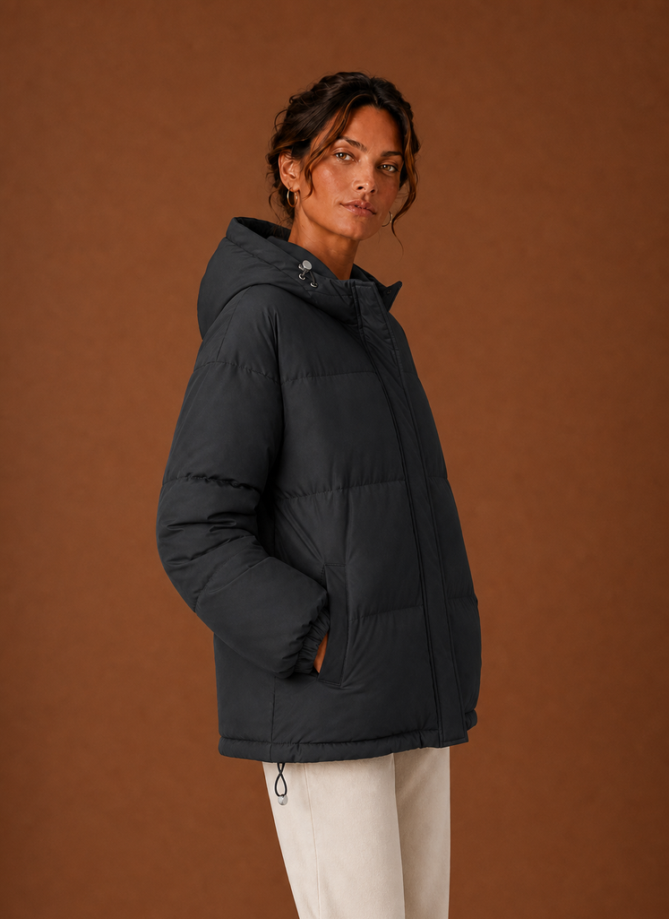 Women's Hooded Puffer Jacket with Snap Button Front and Pockets