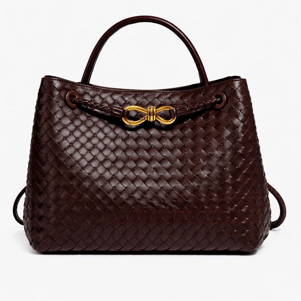 Women's Woven Faux Leather Tote Bag with Gold Clasp