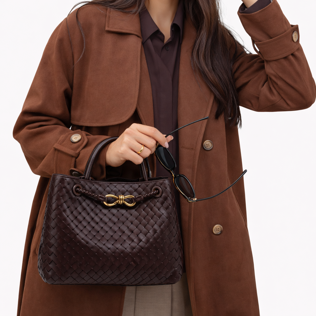 Women's Woven Faux Leather Tote Bag with Gold Clasp