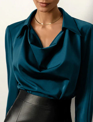 Tessa Collection | Women's Long Sleeve Satin Blouse with Modern Draped Neckline | Elegant Top for Effortless Style 5