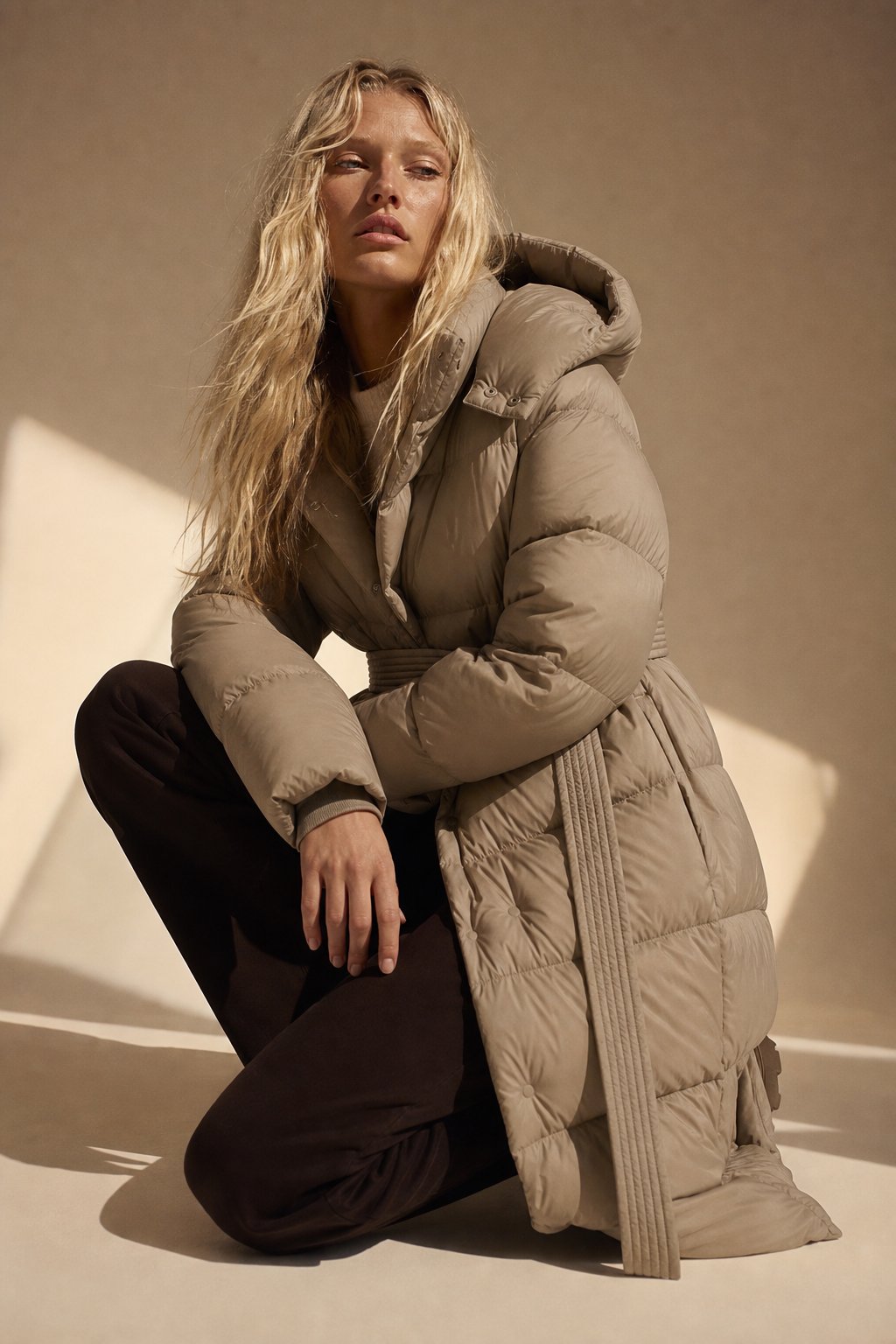 Women's Long Belted Down Puffer Coat with Hood and Zip Front