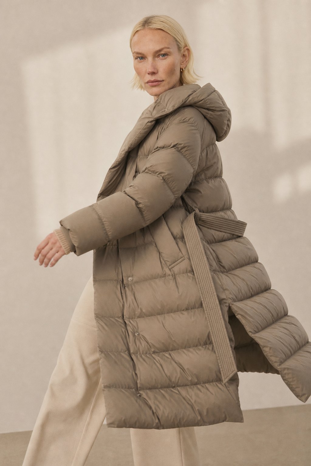 Women's Long Belted Down Puffer Coat with Hood and Zip Front