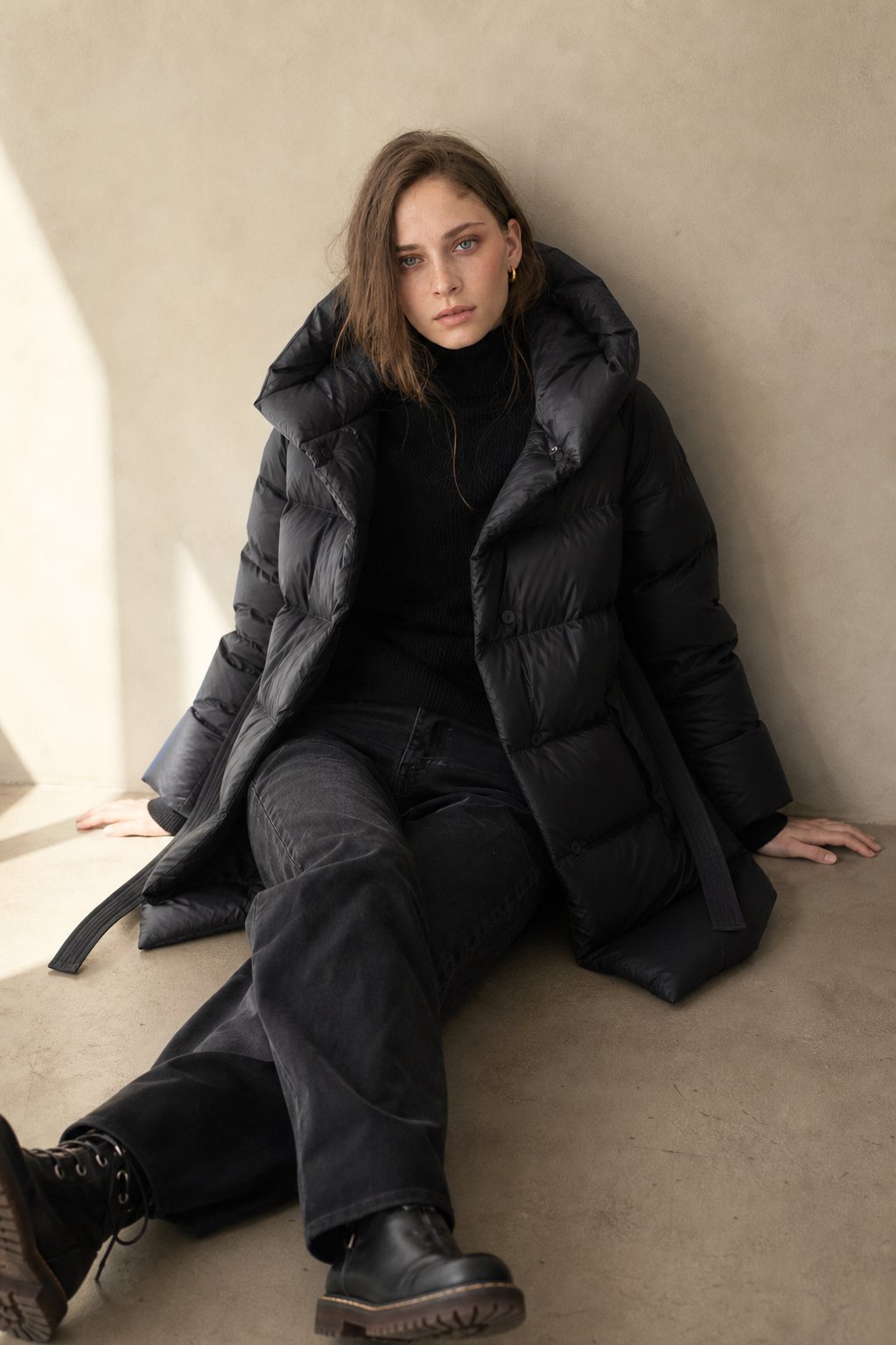 Women's Long Belted Down Puffer Coat with Hood and Zip Front