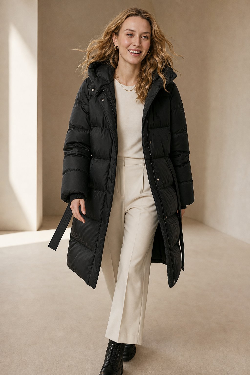 Women's Long Belted Down Puffer Coat with Hood and Zip Front