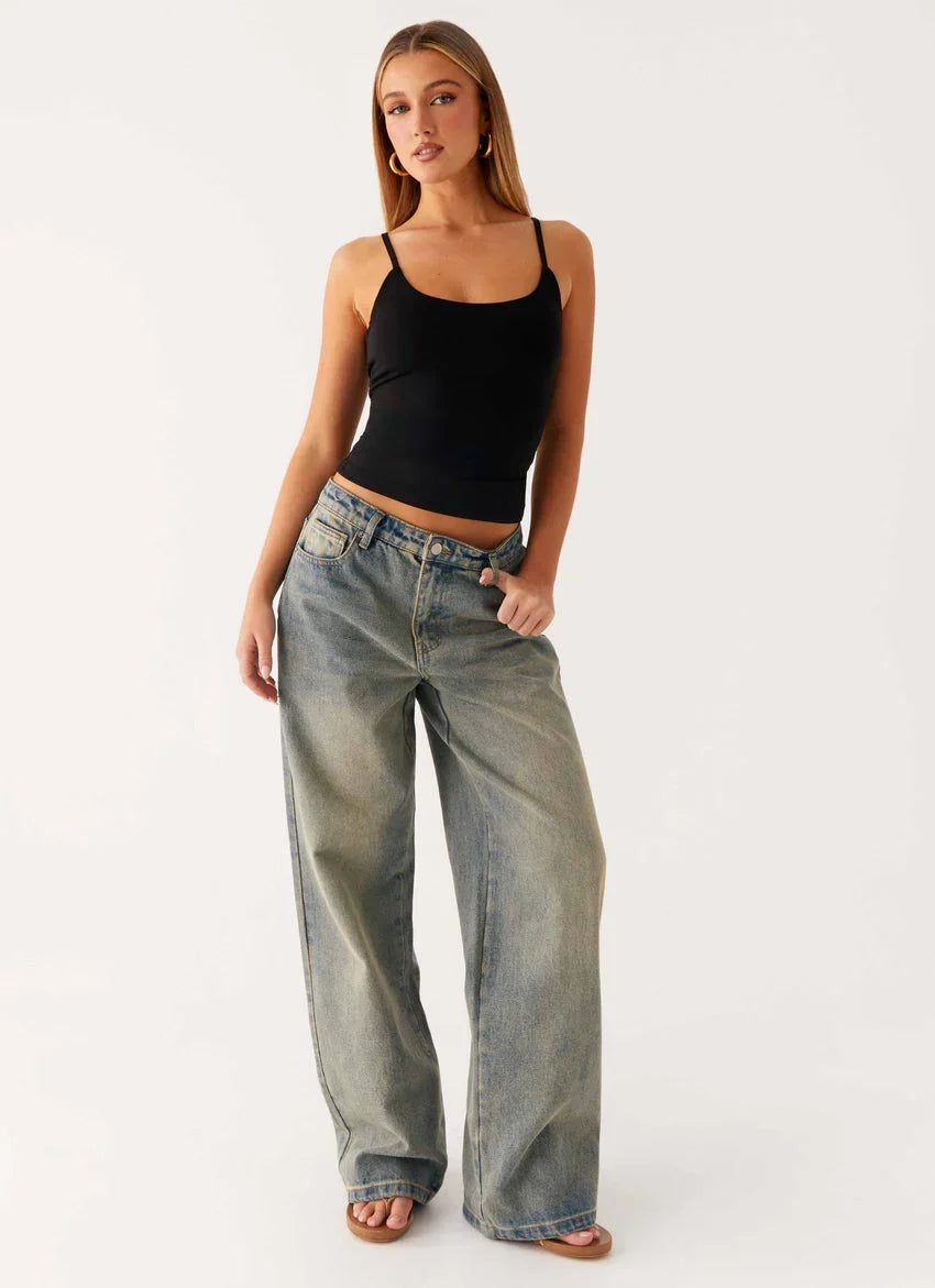 Women's Low Rise Wide Leg Denim Jeans with Dirty Wash
