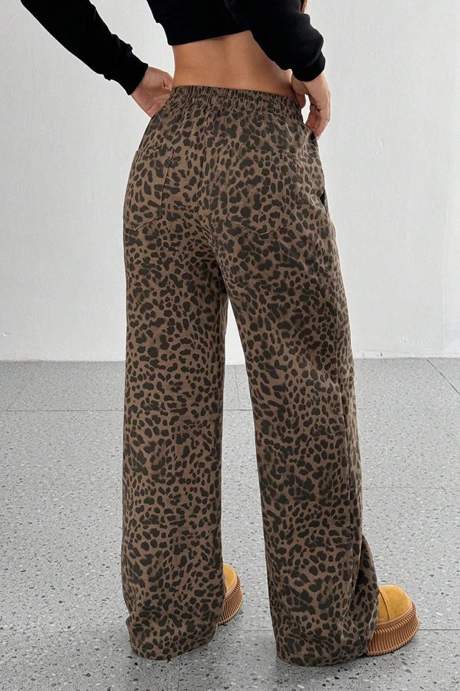 Women's Wide-Leg Trousers – Leopard Print, Relaxed Fit with Pockets