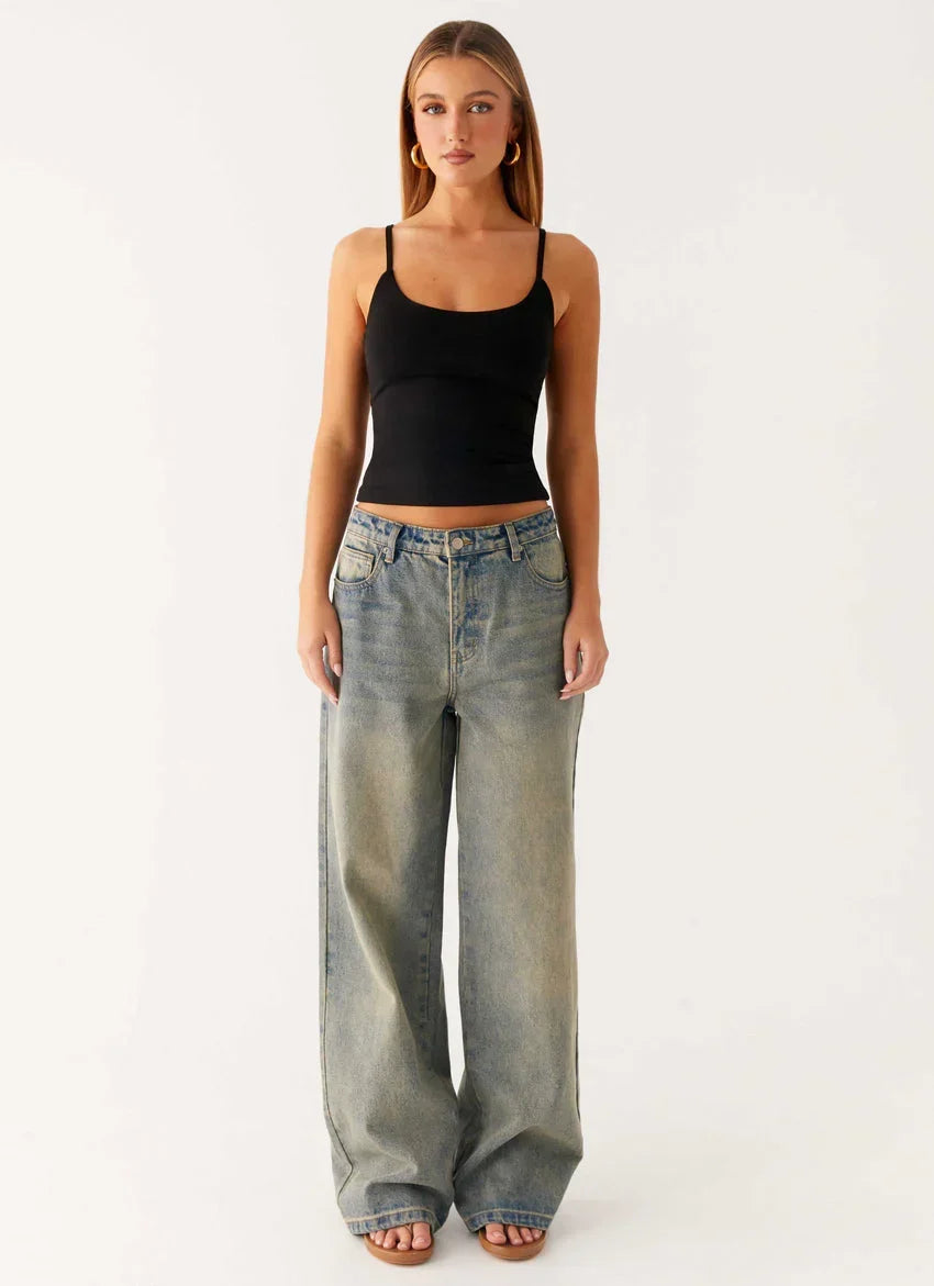 Women's Low Rise Wide Leg Denim Jeans with Dirty Wash