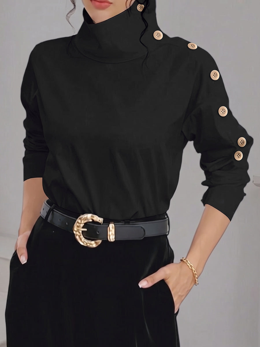 Women's Buttoned Shoulder Turtleneck Blouse With Long Sleeves