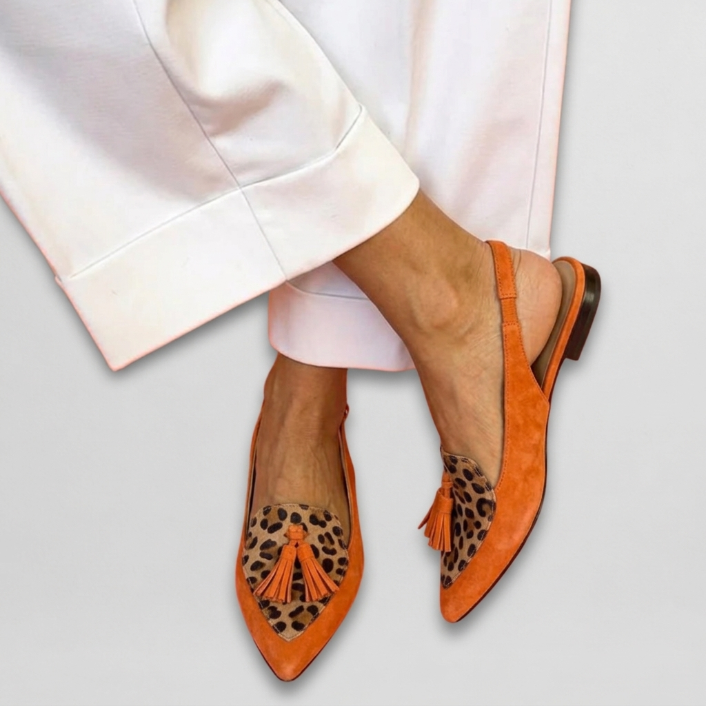 Women's Pointed Toe Slingback Flats with Leopard Print and Tassel