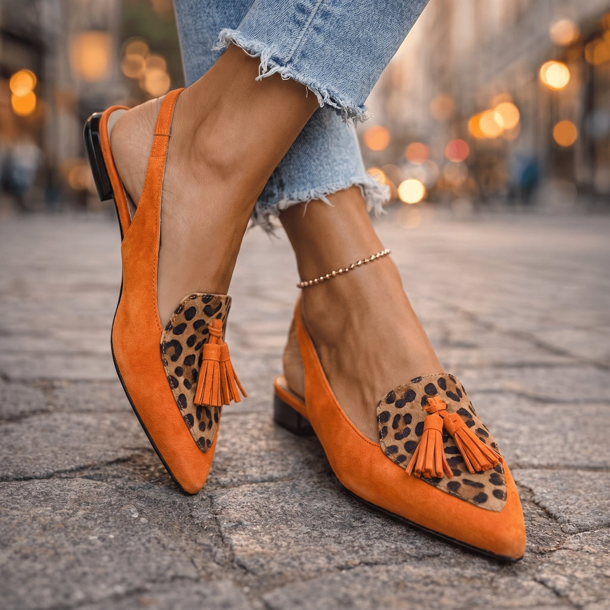 Women's Pointed Toe Slingback Flats with Leopard Print and Tassel