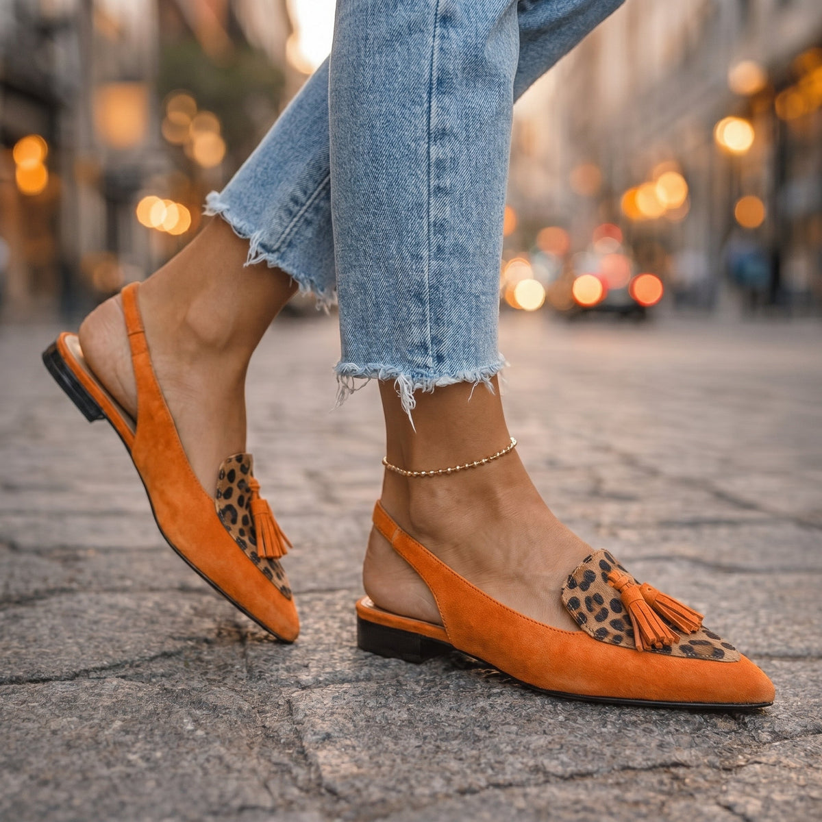 Women's Pointed Toe Slingback Flats with Leopard Print and Tassel