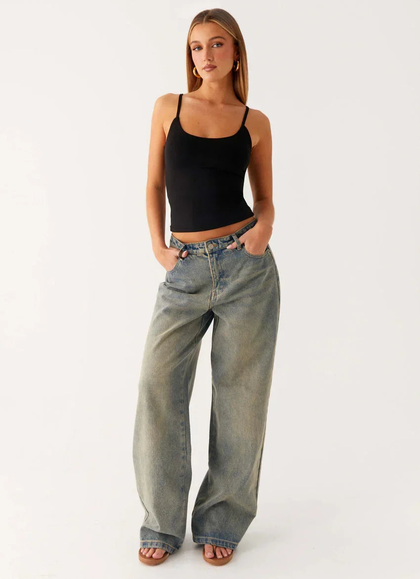 Women's Low Rise Wide Leg Denim Jeans with Dirty Wash