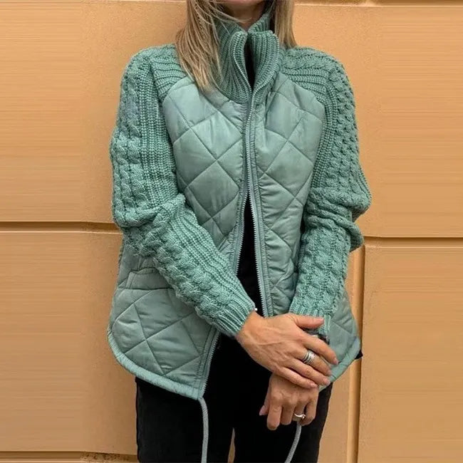 Women's Quilted Jacket With Chunky Knit Sleeves And Stand Collar