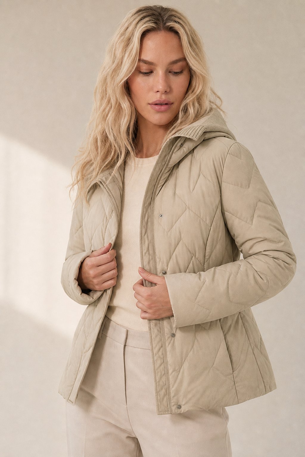 Women's Quilted Down Jacket with Hood and Snap Button Front
