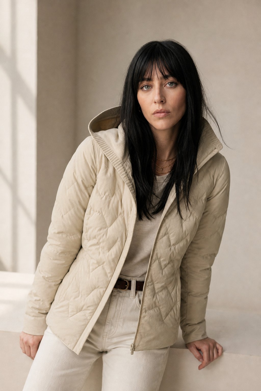 Women's Quilted Down Jacket with Hood and Snap Button Front