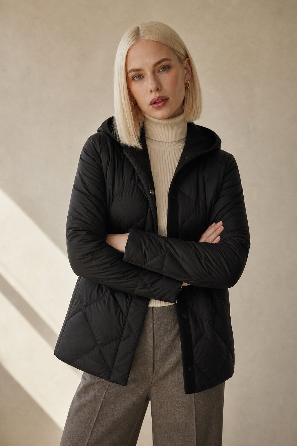 Women's Quilted Down Jacket with Hood and Snap Button Front