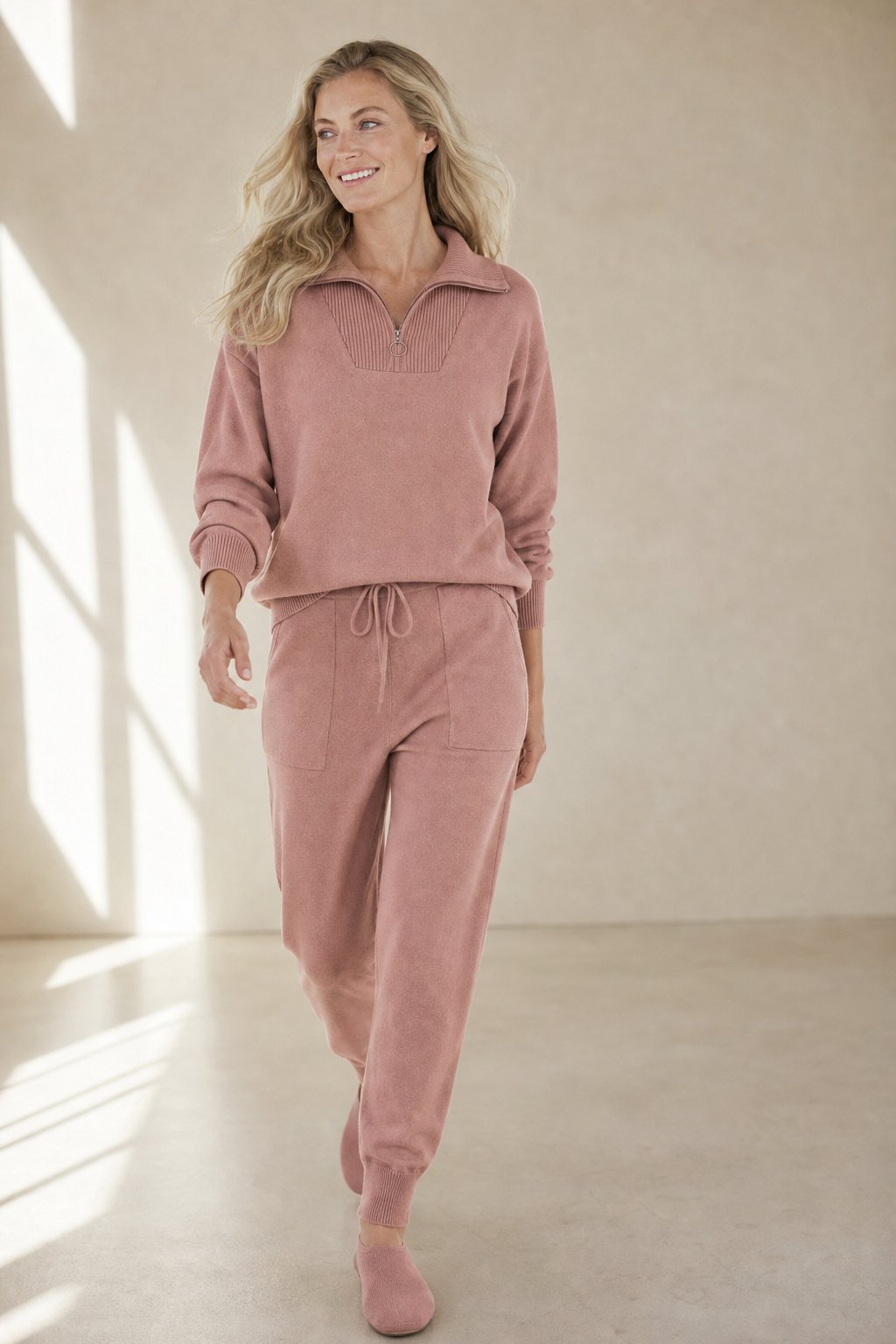 Women's Knit Sweatshirt and Jogger Pants Set with Polo Collar