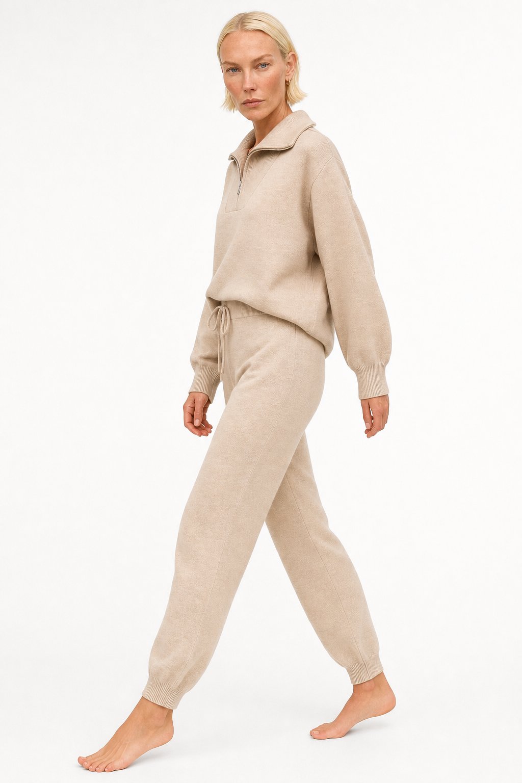 Women's Knit Sweatshirt and Jogger Pants Set with Polo Collar