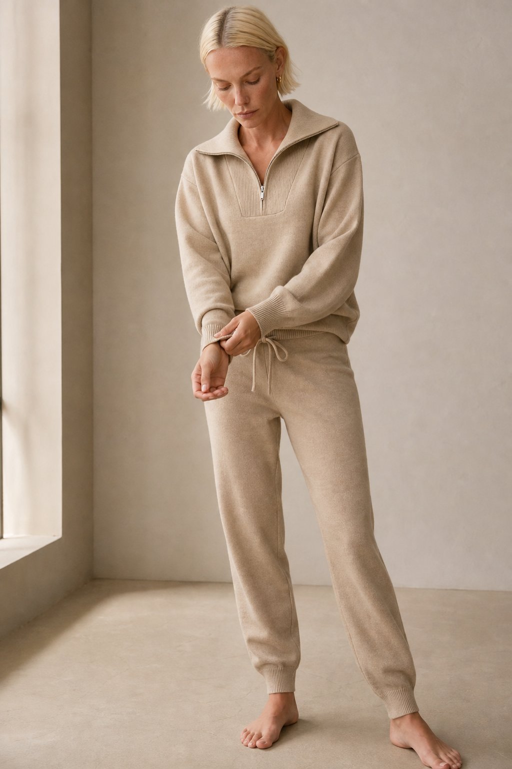 Women's Knit Sweatshirt and Jogger Pants Set with Polo Collar