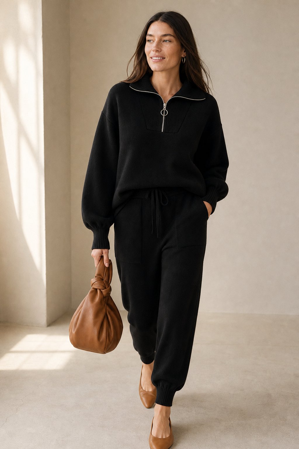 Women's Knit Sweatshirt and Jogger Pants Set with Polo Collar