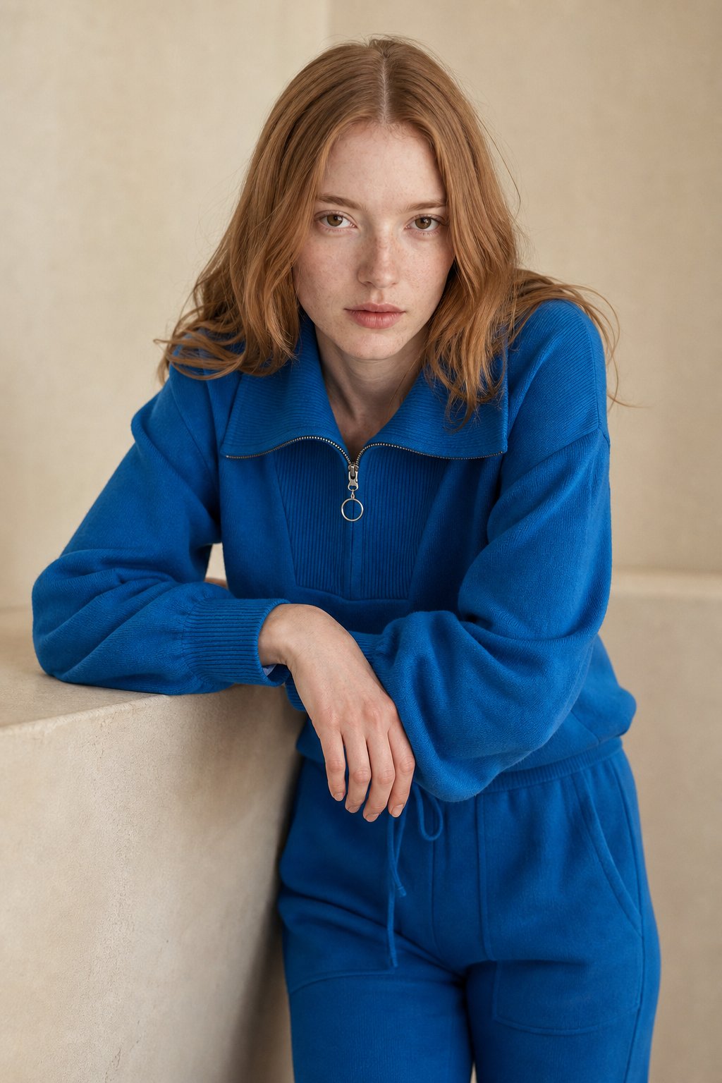 Women's Knit Sweatshirt and Jogger Pants Set with Polo Collar