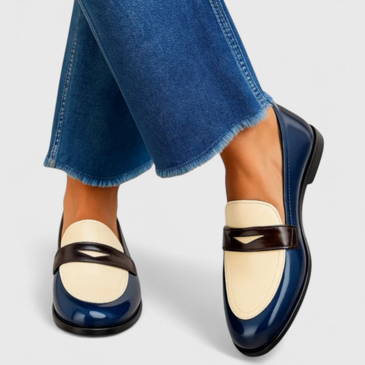 Women's Two Tone Patent Leather Loafers with Brown Strap Detail