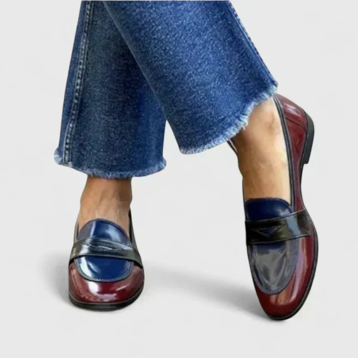 Women's Two Tone Patent Leather Loafers with Brown Strap Detail