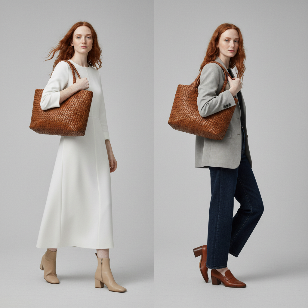 Women's Woven Tote Bag in Soft Microfiber Leather with Shoulder Straps