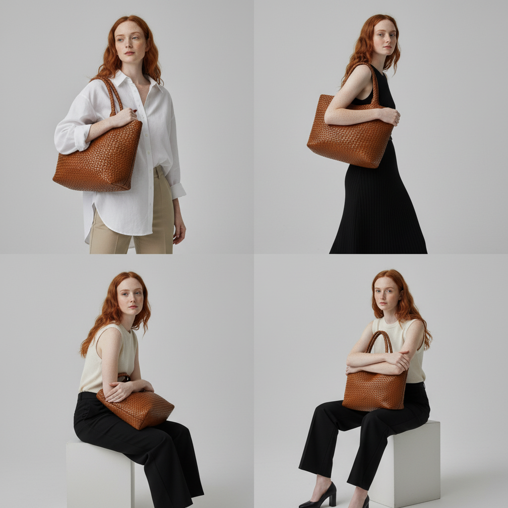 Women's Woven Tote Bag in Soft Microfiber Leather with Shoulder Straps