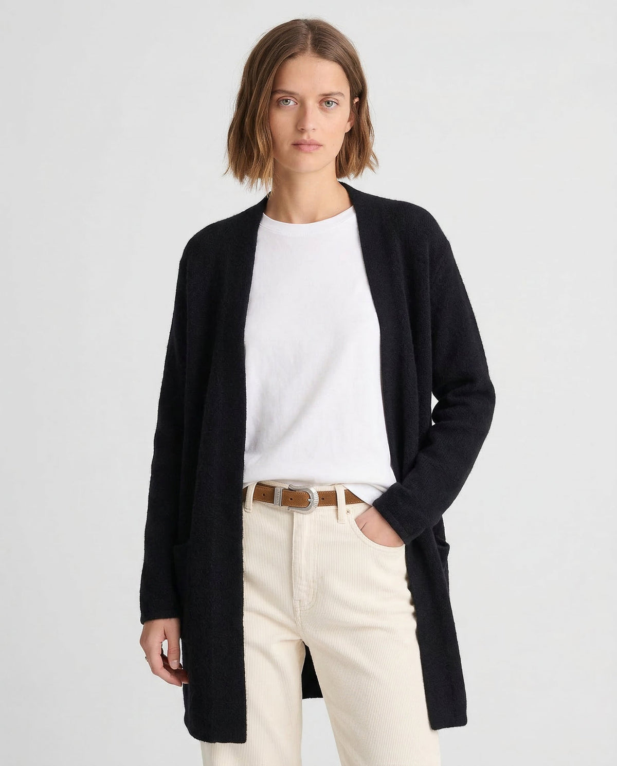 Women's Open Front Knit Cardigan with Pockets and Long Sleeves