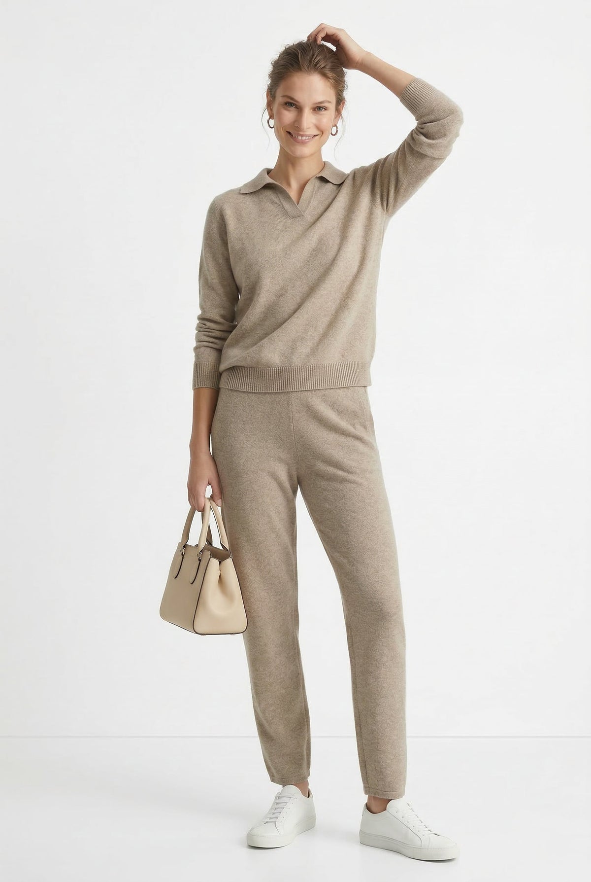 Women's Polo Collar Knit Sweater and Pants Set with V Neck