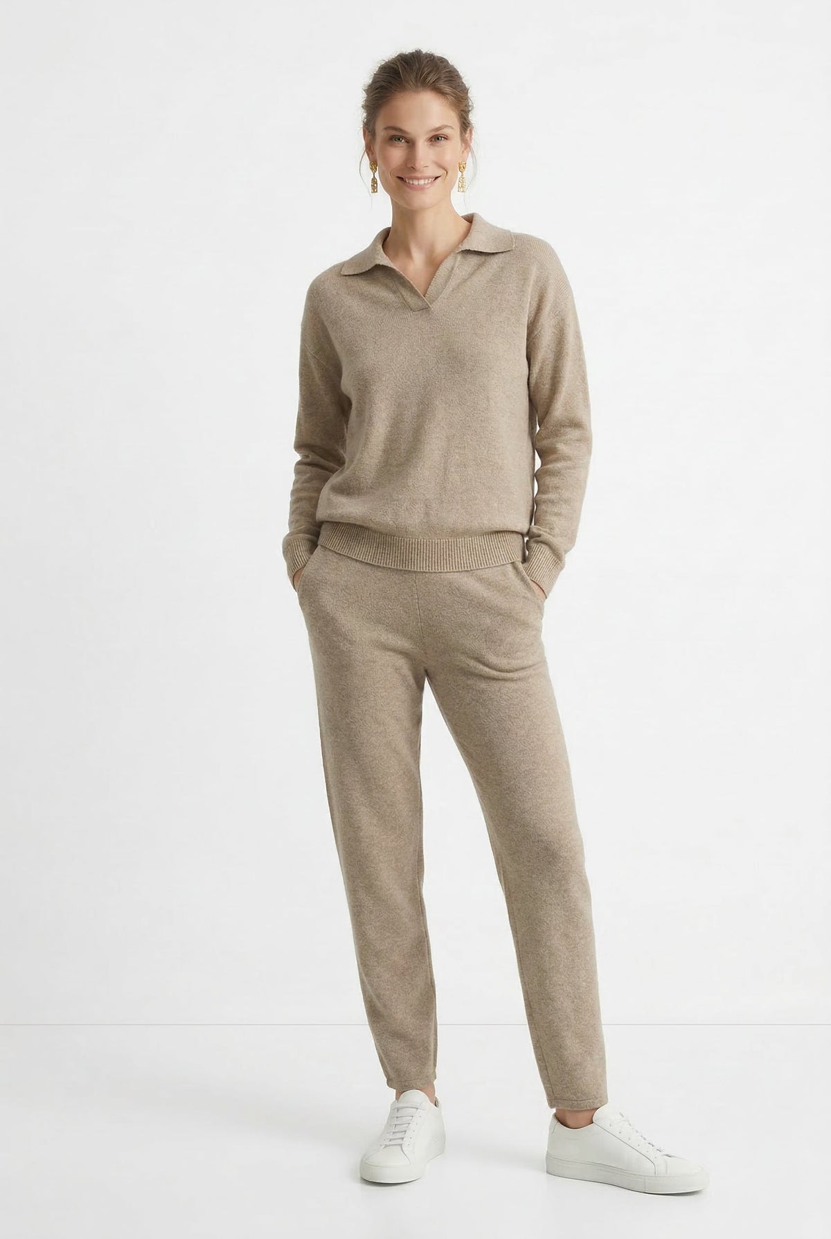 Women's Polo Collar Knit Sweater and Pants Set with V Neck