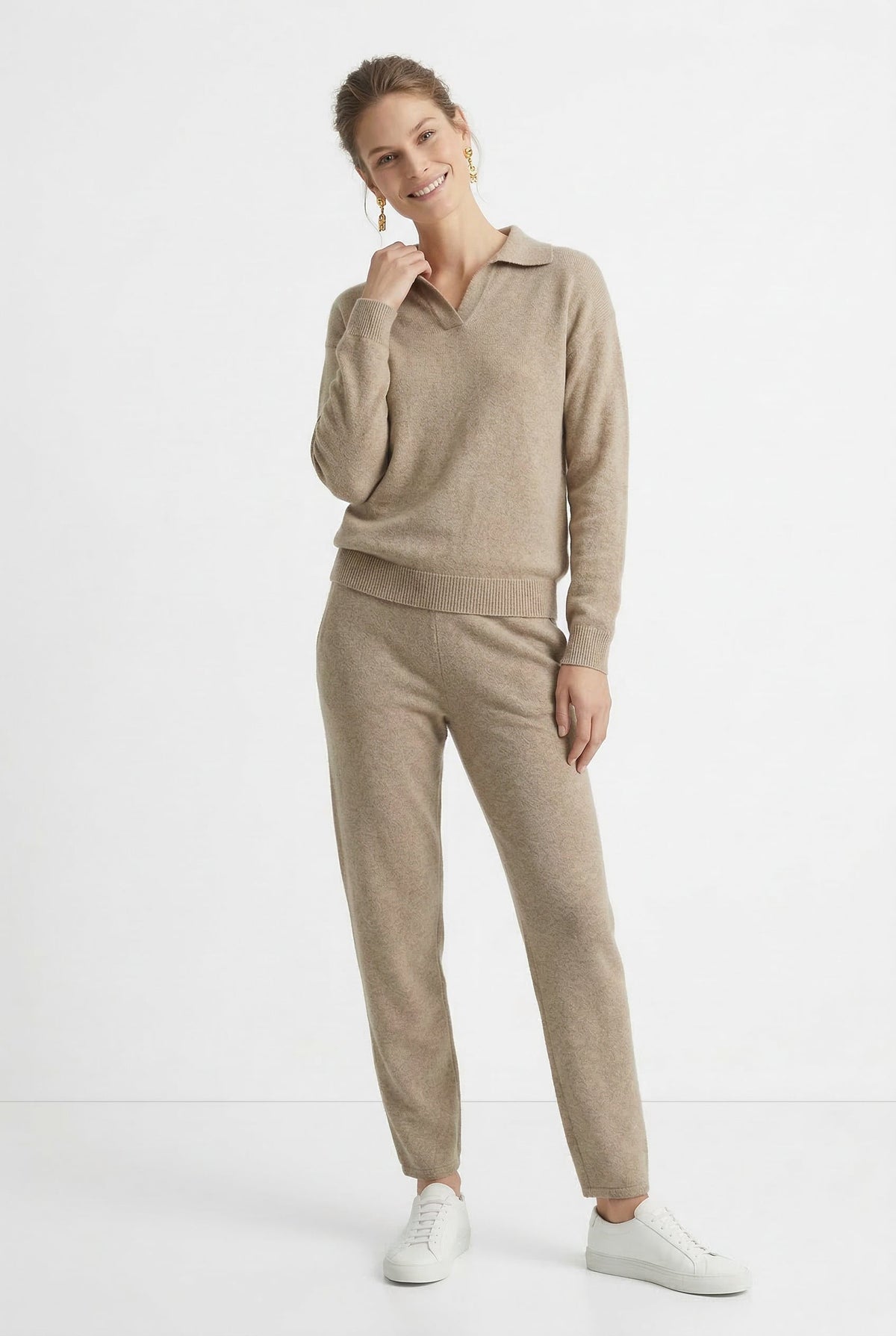 Women's Polo Collar Knit Sweater and Pants Set with V Neck