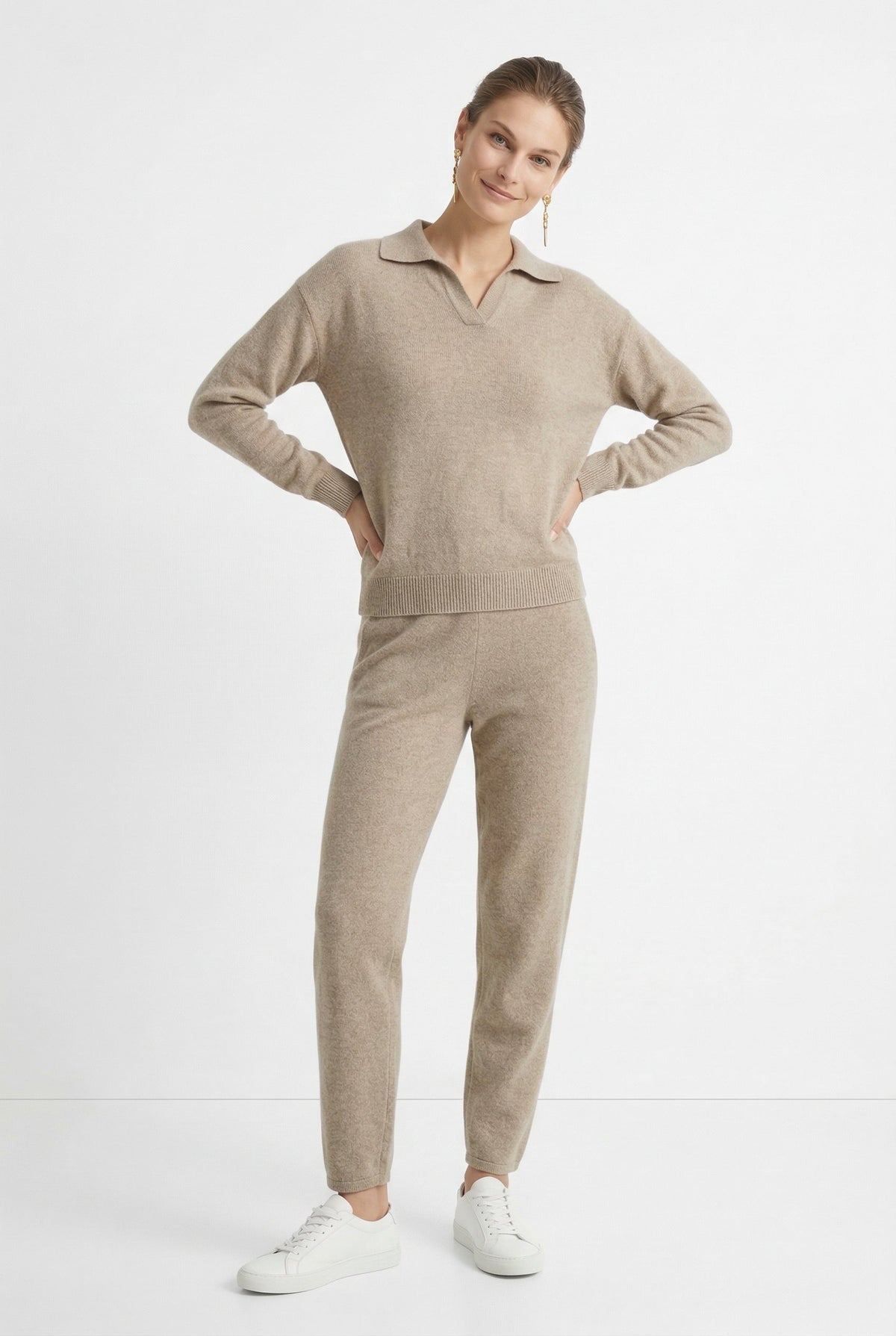 Women's Polo Collar Knit Sweater and Pants Set with V Neck