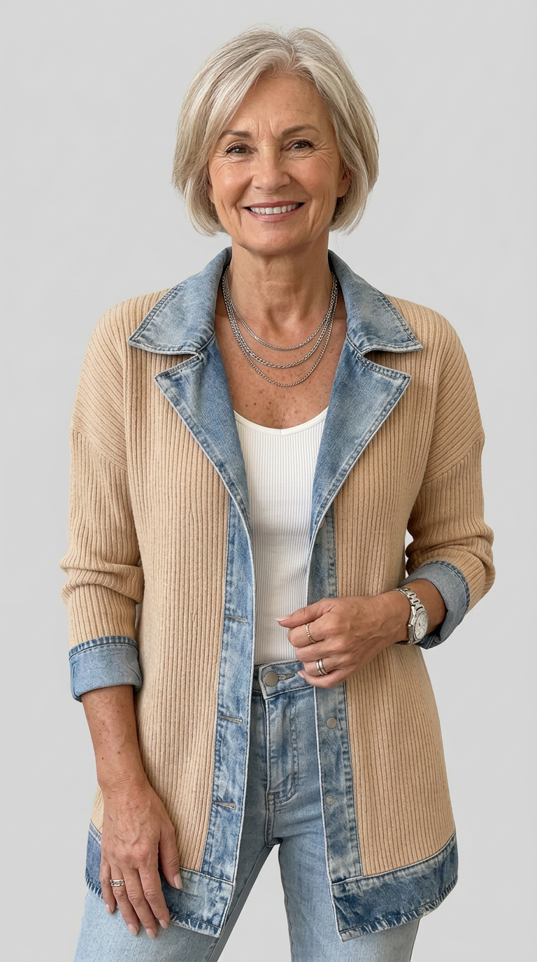 Women’s Mixed Denim Blazer Jacket with Contrast Lapels and Turn-Up Cuffs