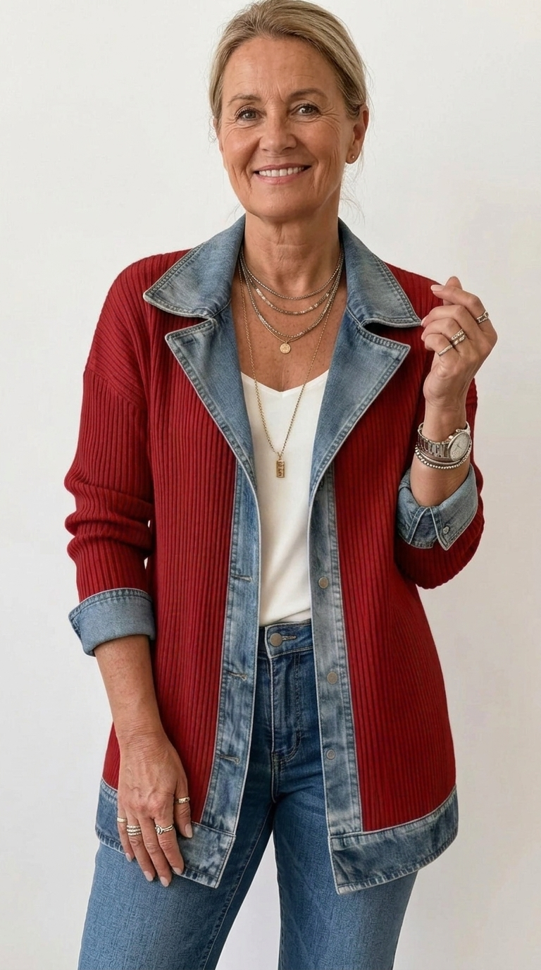 Women’s Mixed Denim Blazer Jacket with Contrast Lapels and Turn-Up Cuffs